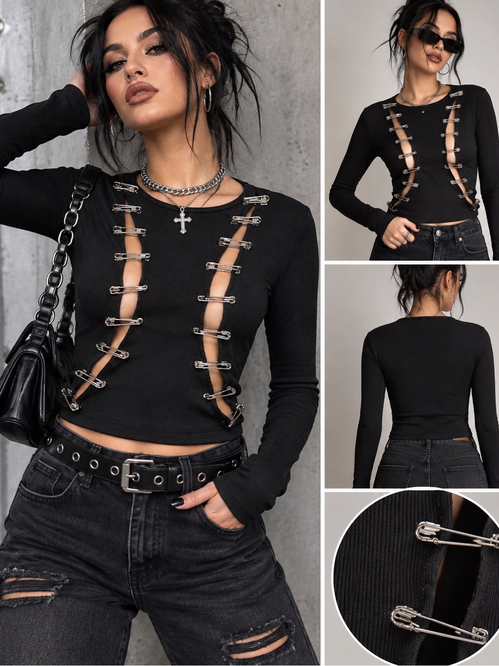 AKIRA Cut It Up Safety Pin Black Long Sleeve Top L Punk Y2K